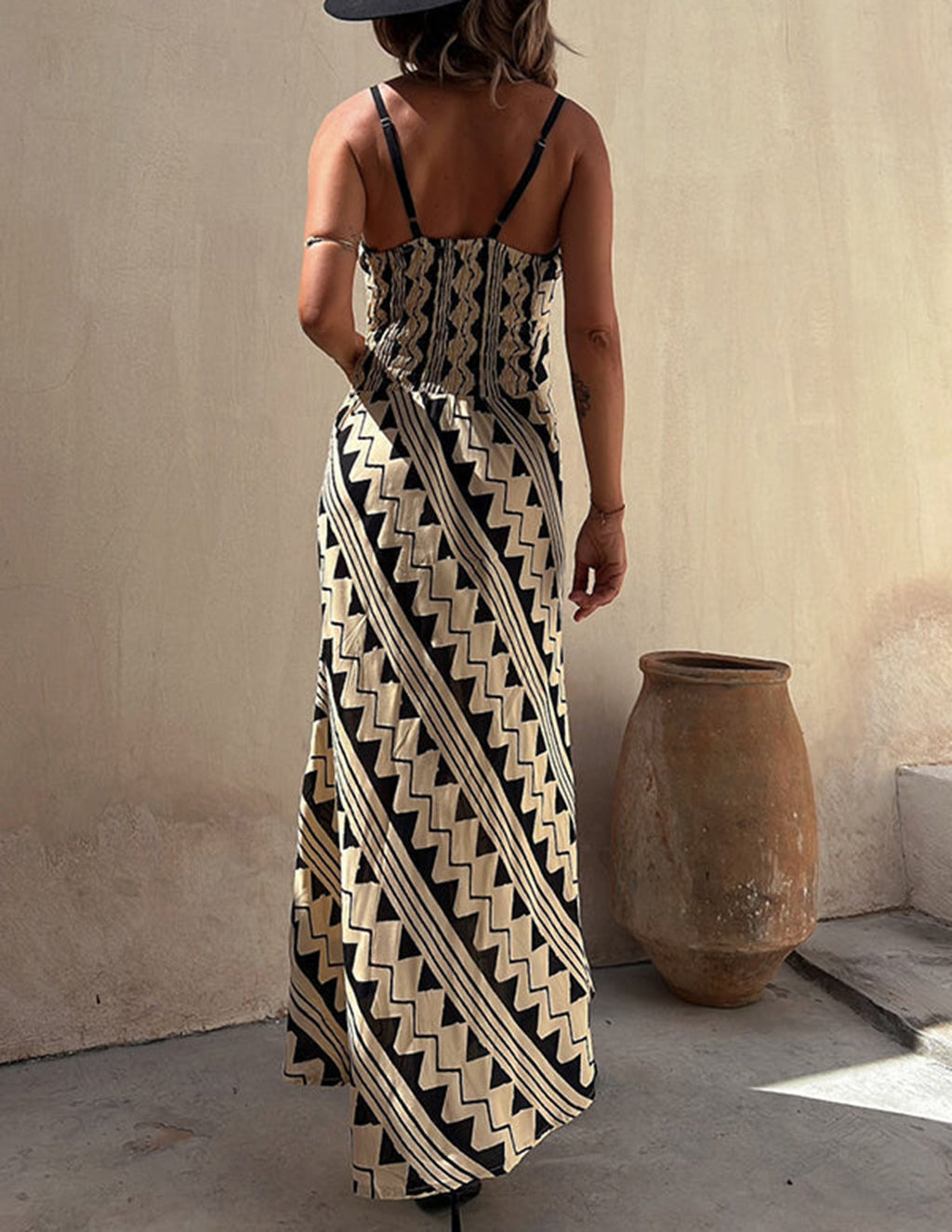 Geometric Chevron Print Spaghetti Strap Deep V-Neck Maxi Dress