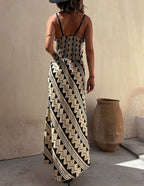 Geometric Chevron Print Spaghetti Strap Deep V-Neck Maxi Dress