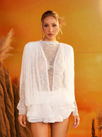 Tiered Lace High Neck Long Sleeve Top and Ruffle Shorts Two Piece Set