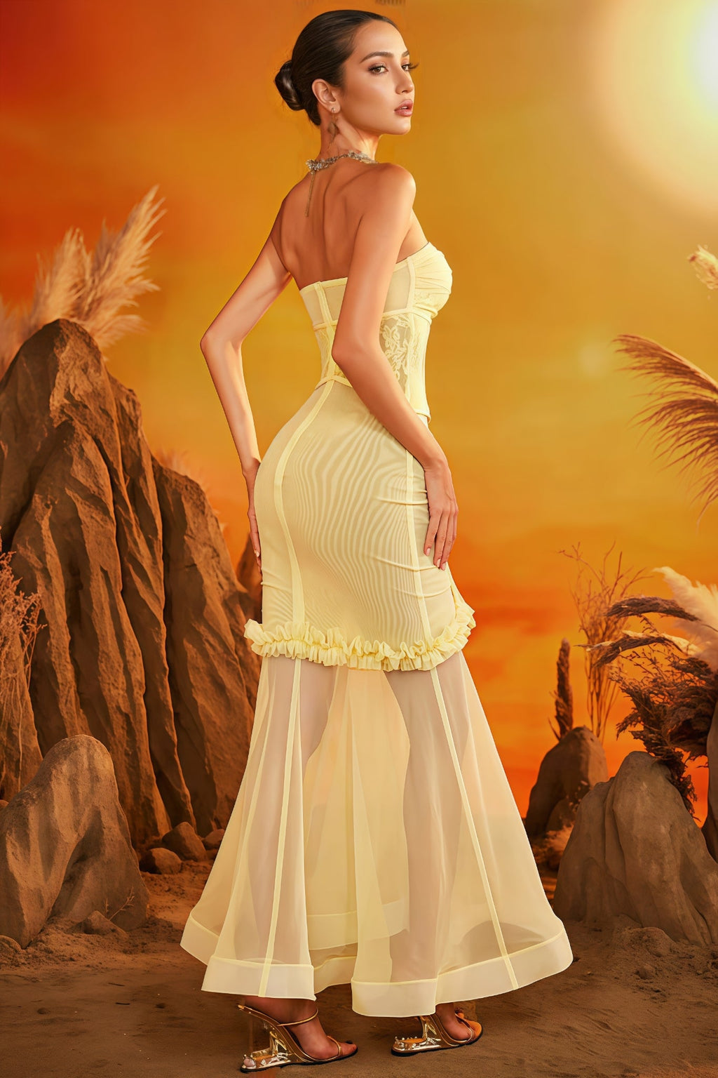 Solalf Yellow Embroidered 3D Flower Maxi Dress