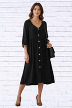 Umgee Black Baby Doll Dress _ V-Neck Button-Down with Leopard Trim Detail