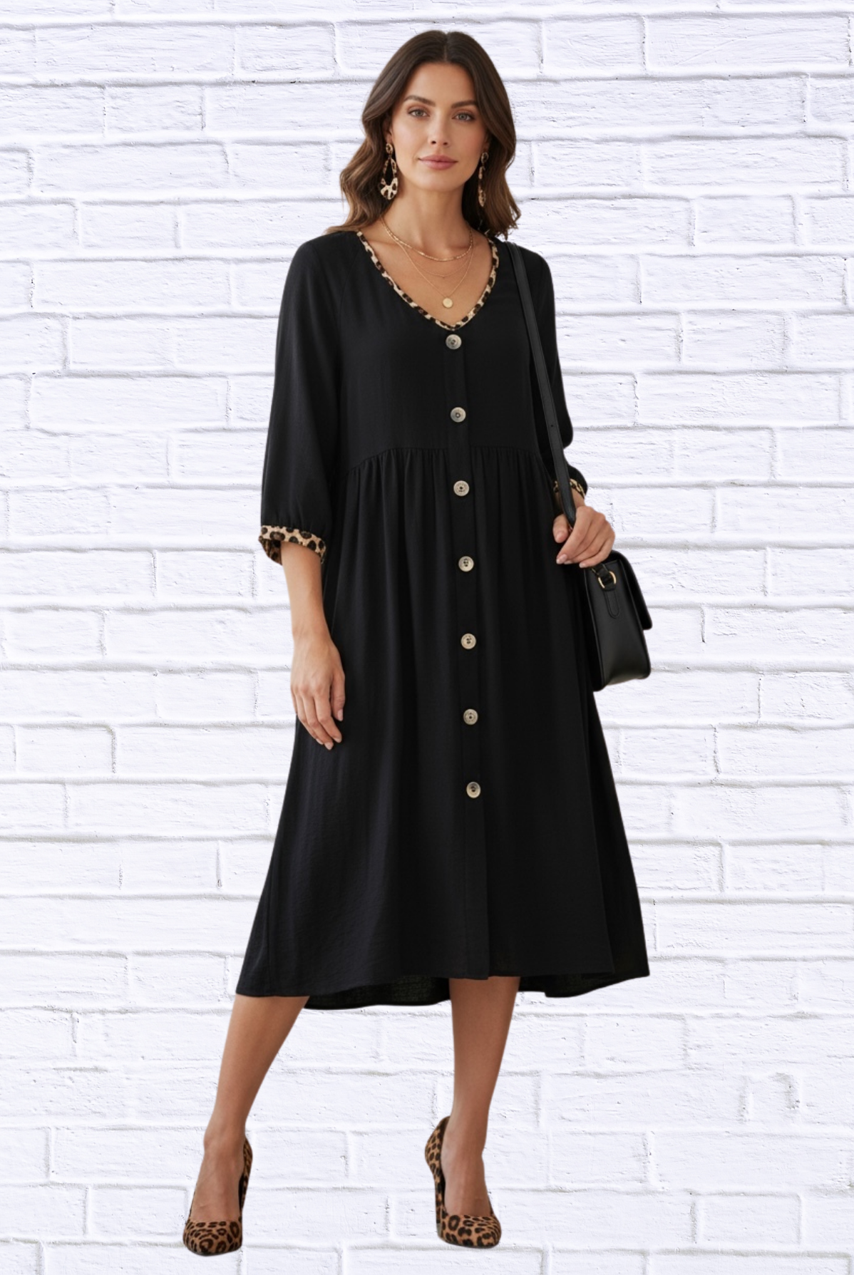 Umgee Black Baby Doll Dress _ V-Neck Button-Down with Leopard Trim Detail
