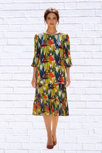 Women__ Abstract Leaf Print Woven Midi Dress _ 3/4 Sleeve Tiered Hem Casual Chic Dres