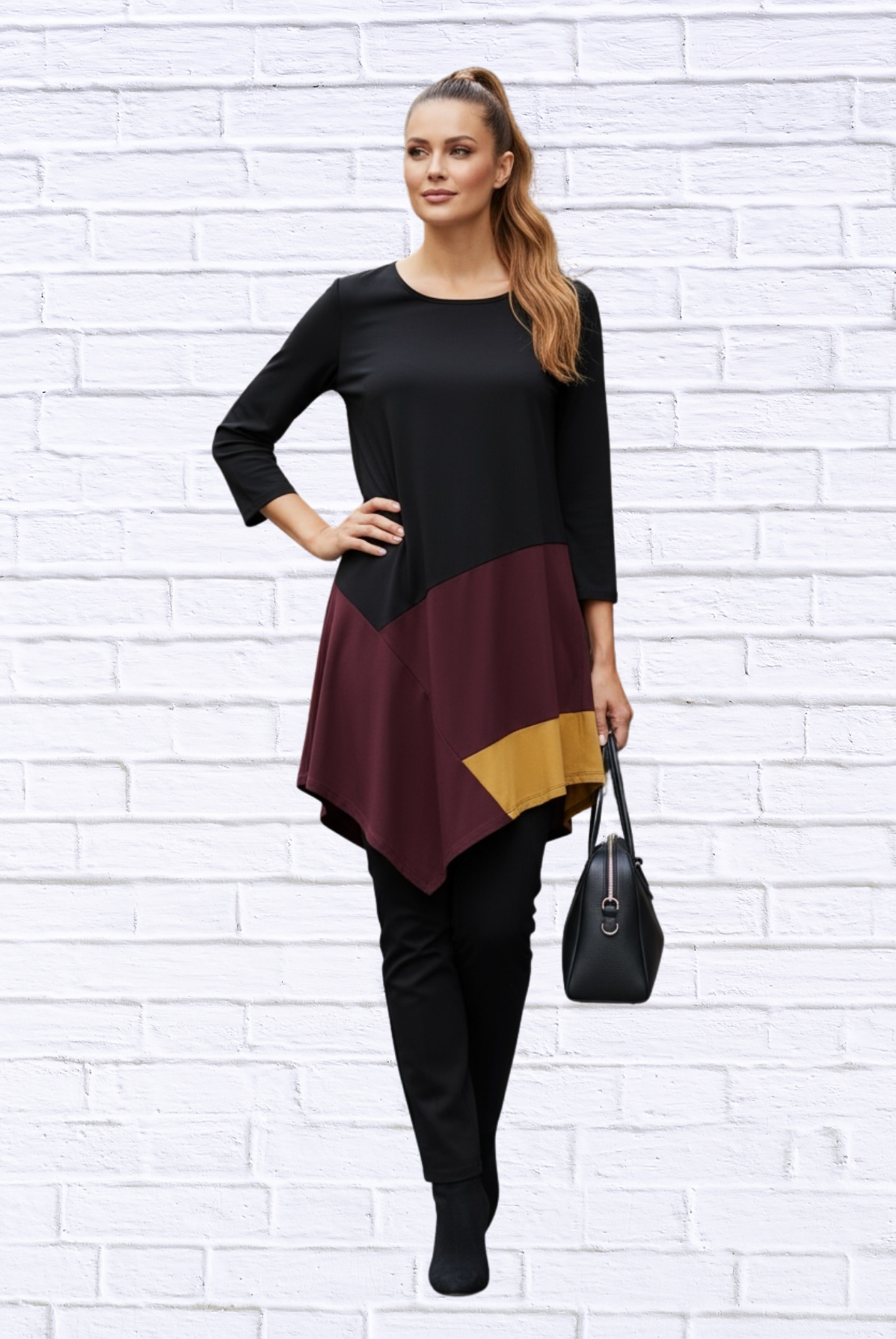 Color Block Asymmetrical Hem Knit Tunic Top _ Long Sleeve Soft Stretch Blouse