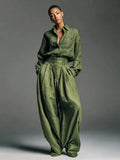 Olive Green 2 Piece Set For Women - Button Down Shirt And Retro High Waist Wide Leg Trouser - Spring Office Casual 2026