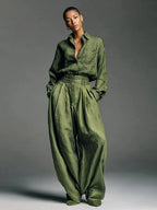 Olive Green 2 Piece Set For Women - Button Down Shirt And Retro High Waist Wide Leg Trouser - Spring Office Casual 2026