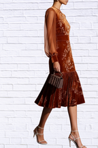 Velvet Floral Lantern Sleeve Midi Dress