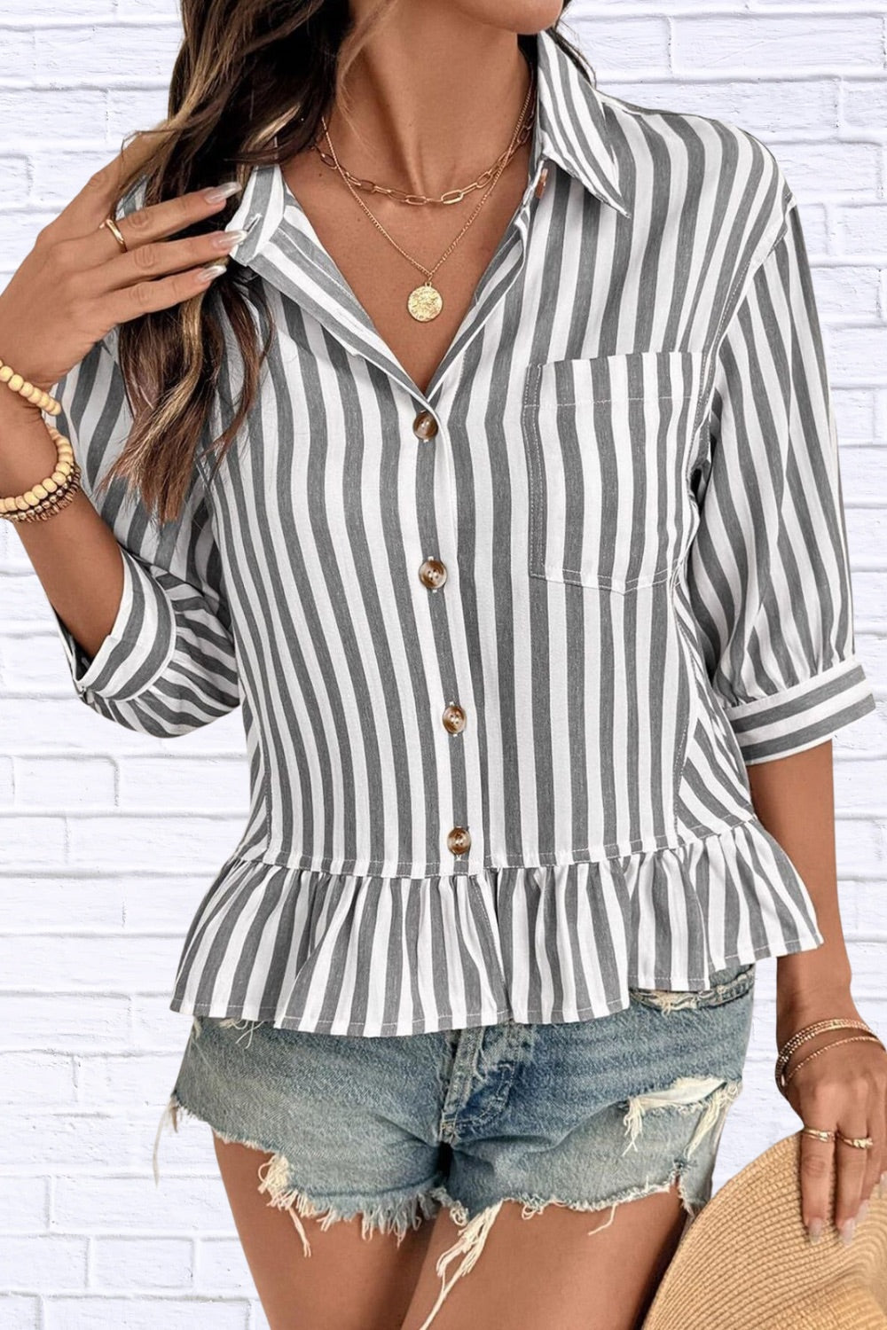 Striped Ruffle Hem Button-Down Shirt | Chic Women__ Top