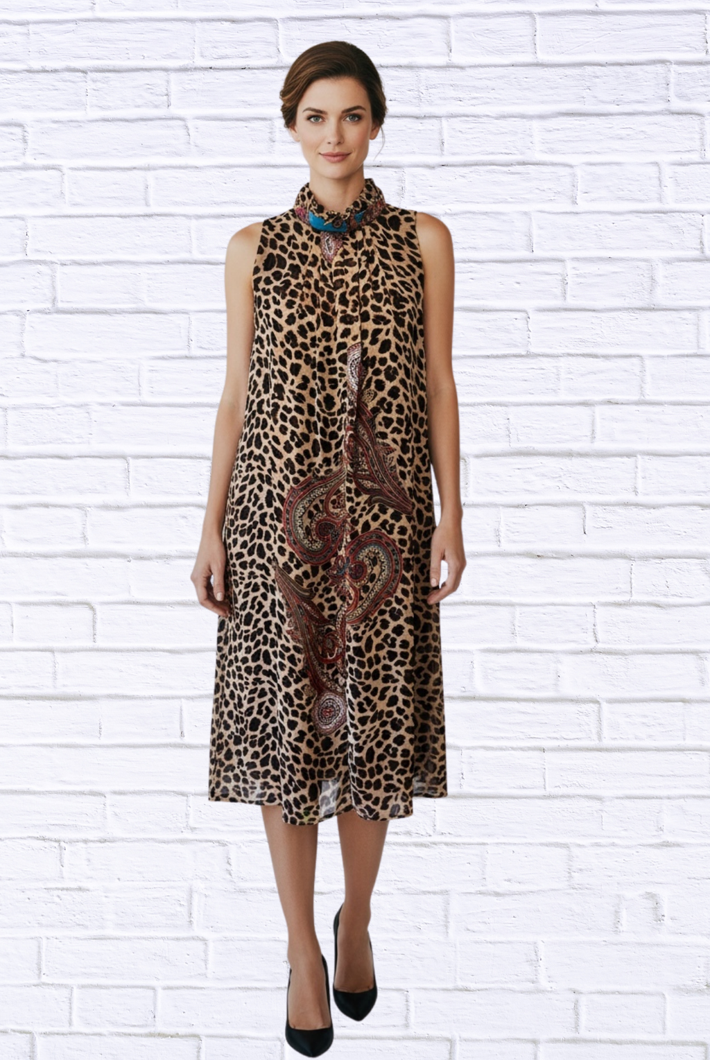 Animal and Paisley Print Sleeveless Maxi Dress _ High Neck Bow Detail Flowy Woven Dress