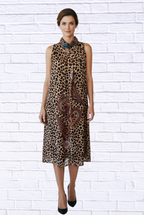 Animal and Paisley Print Sleeveless Maxi Dress _ High Neck Bow Detail Flowy Woven Dress