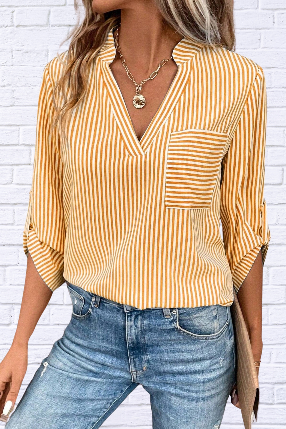 Striped Notched Roll-Tab Sleeve Shirt
