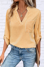 Striped Notched Roll-Tab Sleeve Shirt