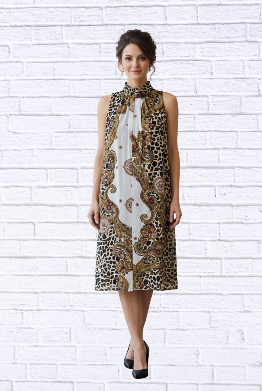 Animal and Paisley Print Sleeveless Maxi Dress _ High Neck Bow Detail Flowy Woven Dress