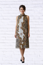 Animal and Paisley Print Sleeveless Maxi Dress _ High Neck Bow Detail Flowy Woven Dress