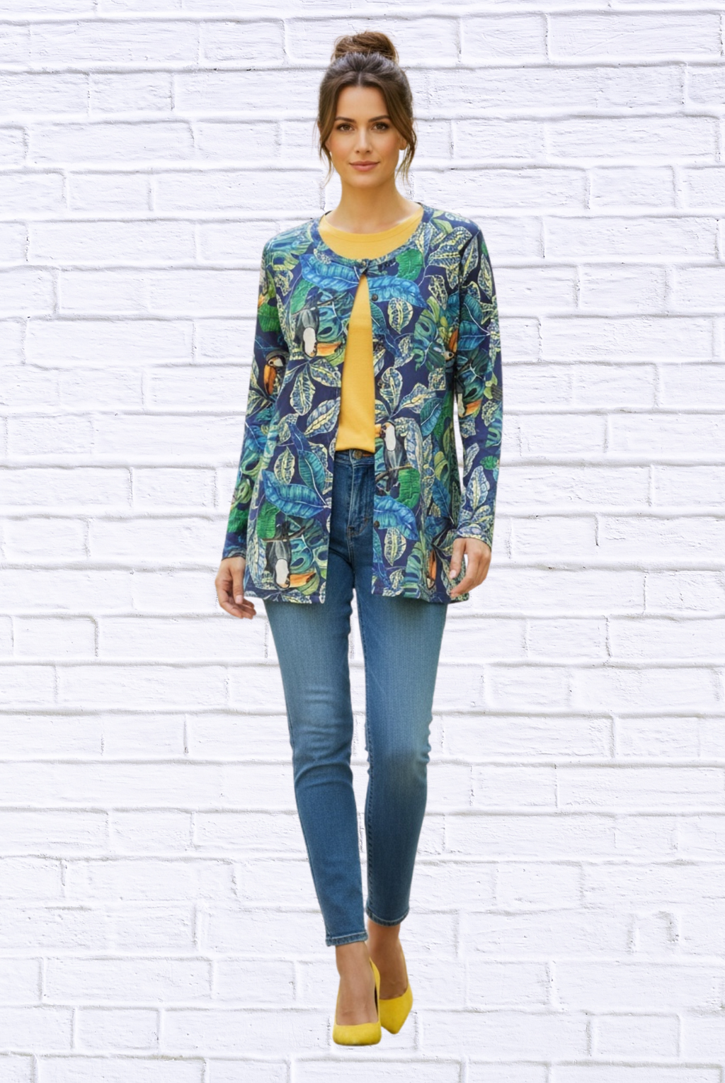 Tropical Print Button-Through Knit Cardi Top _ Round Neck Lightweight Layering Piece