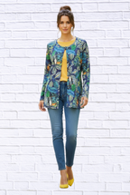 Tropical Print Button-Through Knit Cardi Top _ Round Neck Lightweight Layering Piece