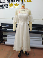 Off Shoulder Corset Bodice Lattice Lace Puff Sleeve Midi Dress