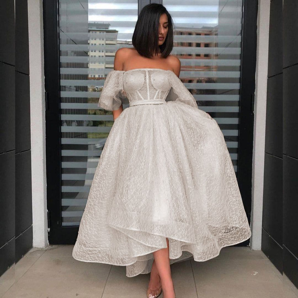 Off Shoulder Corset Bodice Lattice Lace Puff Sleeve Midi Dress