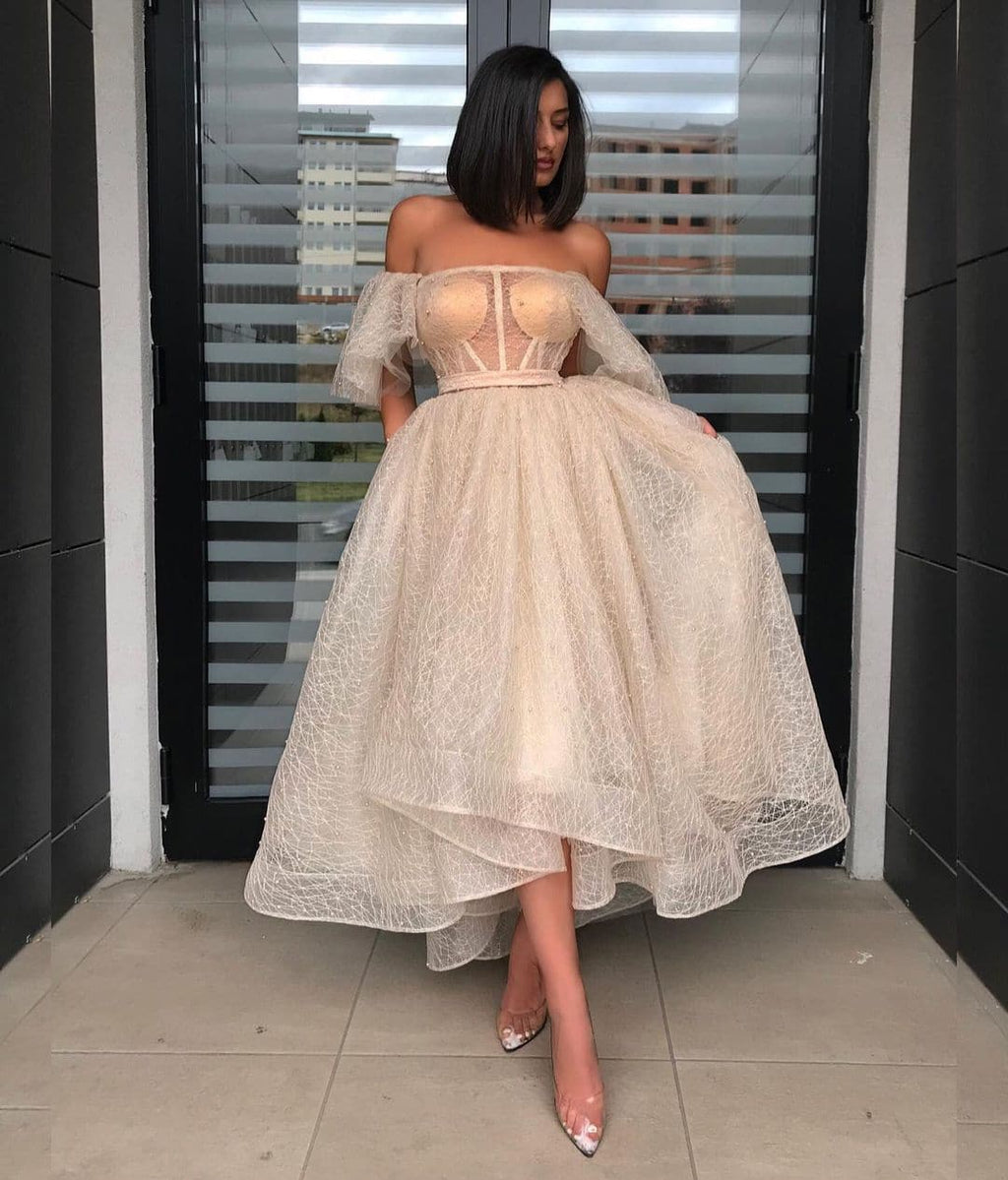 Off Shoulder Corset Bodice Lattice Lace Puff Sleeve Midi Dress