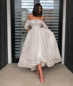 Off Shoulder Corset Bodice Lattice Lace Puff Sleeve Midi Dress