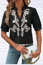 Embroidered Notched Neck Blouse for Women | Black Short Sleeve Floral