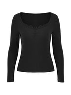 Lace Trim Black Long Sleeve Knit Top