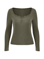 Lace Trim Black Long Sleeve Knit Top