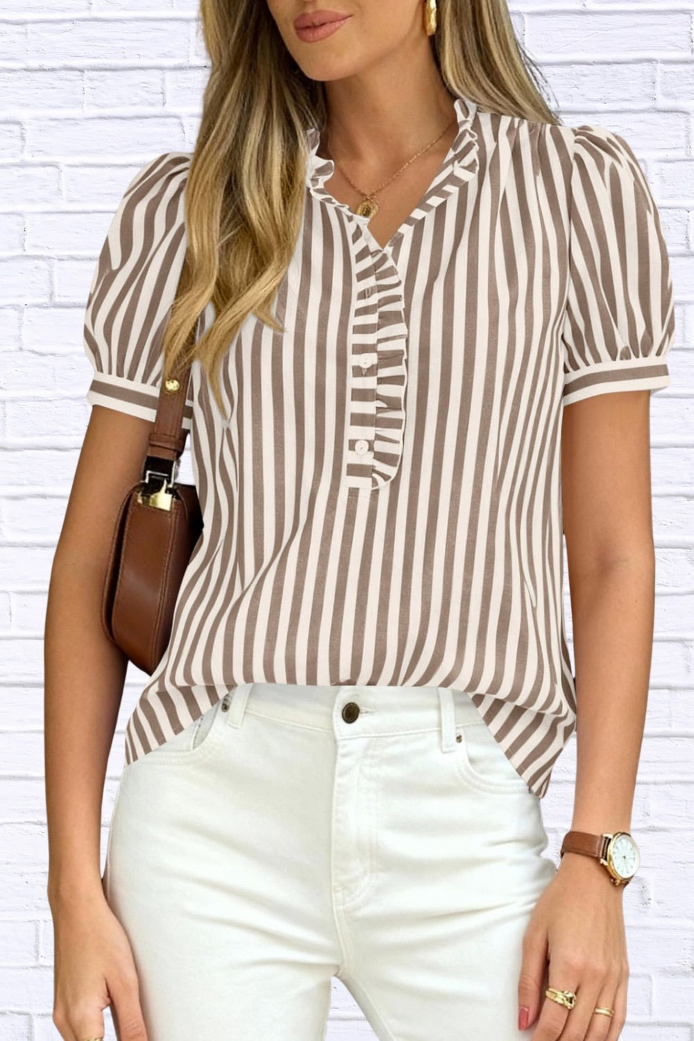 Frill Striped Puff Sleeve Blouse | Chic Women__ Top