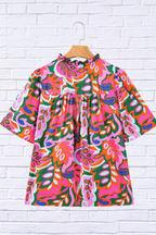 Tropical Print Short Sleeve Tie Neck Blouse _ Multicolor