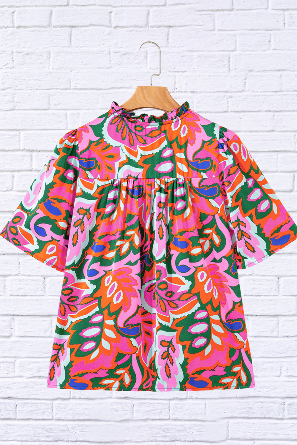 Tropical Print Short Sleeve Tie Neck Blouse _ Multicolor