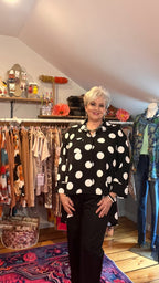 Polka Dot Perfection: Collared Button-Through Blouse with High-Low Hem