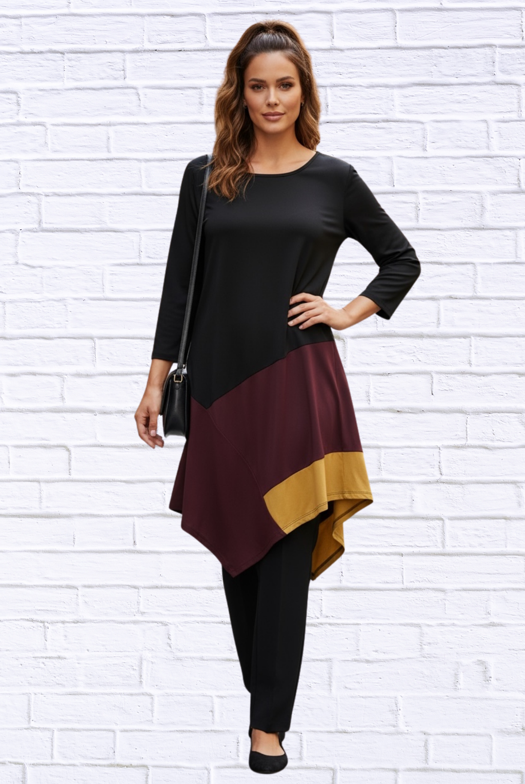 Color Block Asymmetrical Hem Knit Tunic Top _ Long Sleeve Soft Stretch Blouse