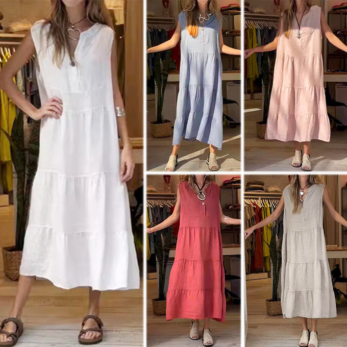 Rocío Chic Vesper Solid Color Cotton and Linen Dress for Women Designer Edit