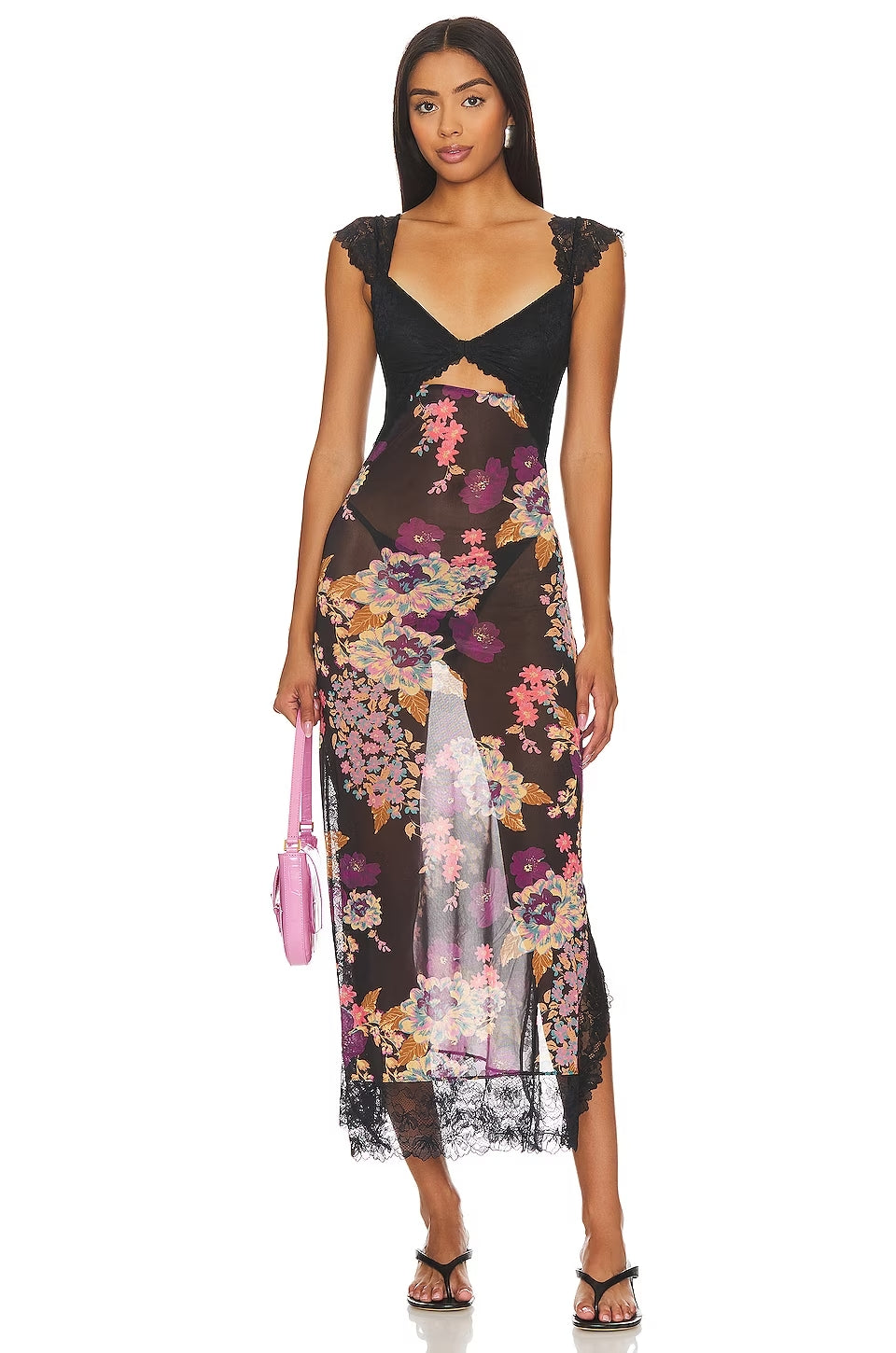 Lace Bodice Cutout Floral Print Satin Maxi Slip Dress