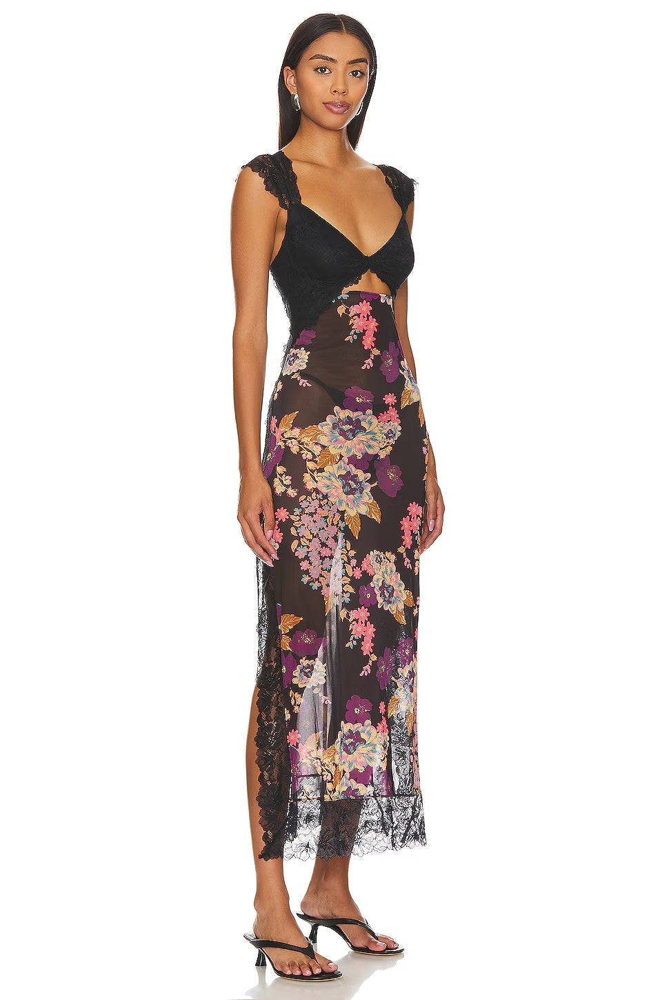 Lace Bodice Cutout Floral Print Satin Maxi Slip Dress