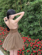 Backless Halter Neck Lace Up Back Tulle Skirt Fit and Flare Mini Dress