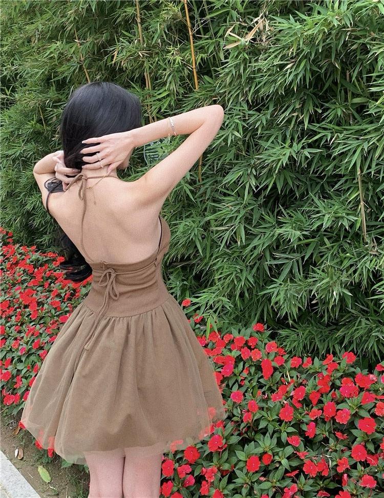 Backless Halter Neck Lace Up Back Tulle Skirt Fit and Flare Mini Dress