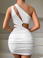 One Shoulder Diagonal Neck Cut Out Waistband Ruched Bodycon Mini Dress