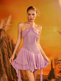 Halter Neck Ruffle Tiered Lettuce Hem Mini Dress