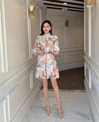 Lace Floral Print Mock Neck Puff Sleeve Belted Button Front Midi Dress