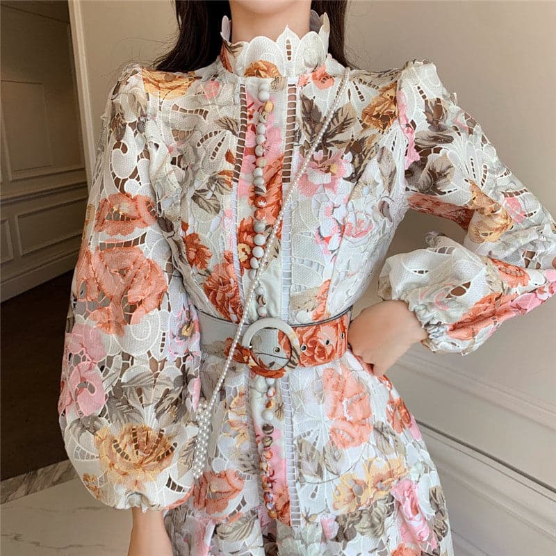 Lace Floral Print Mock Neck Puff Sleeve Belted Button Front Midi Dress
