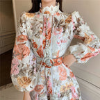 Lace Floral Print Mock Neck Puff Sleeve Belted Button Front Midi Dress