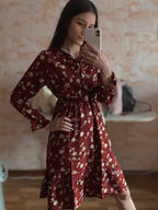 Lace Floral Print Mock Neck Puff Sleeve Belted Button Front Midi Dress