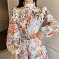 Lace Floral Print Mock Neck Puff Sleeve Belted Button Front Midi Dress