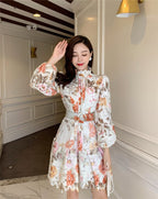 Lace Floral Print Mock Neck Puff Sleeve Belted Button Front Midi Dress