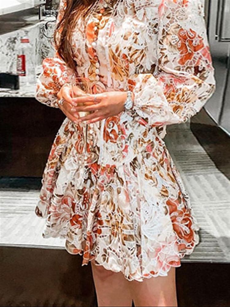 Lace Floral Print Mock Neck Puff Sleeve Belted Button Front Midi Dress