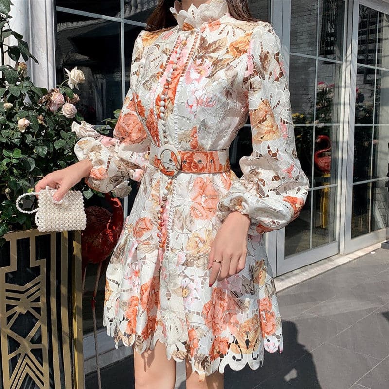 Lace Floral Print Mock Neck Puff Sleeve Belted Button Front Midi Dress
