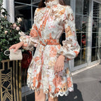 Lace Floral Print Mock Neck Puff Sleeve Belted Button Front Midi Dress