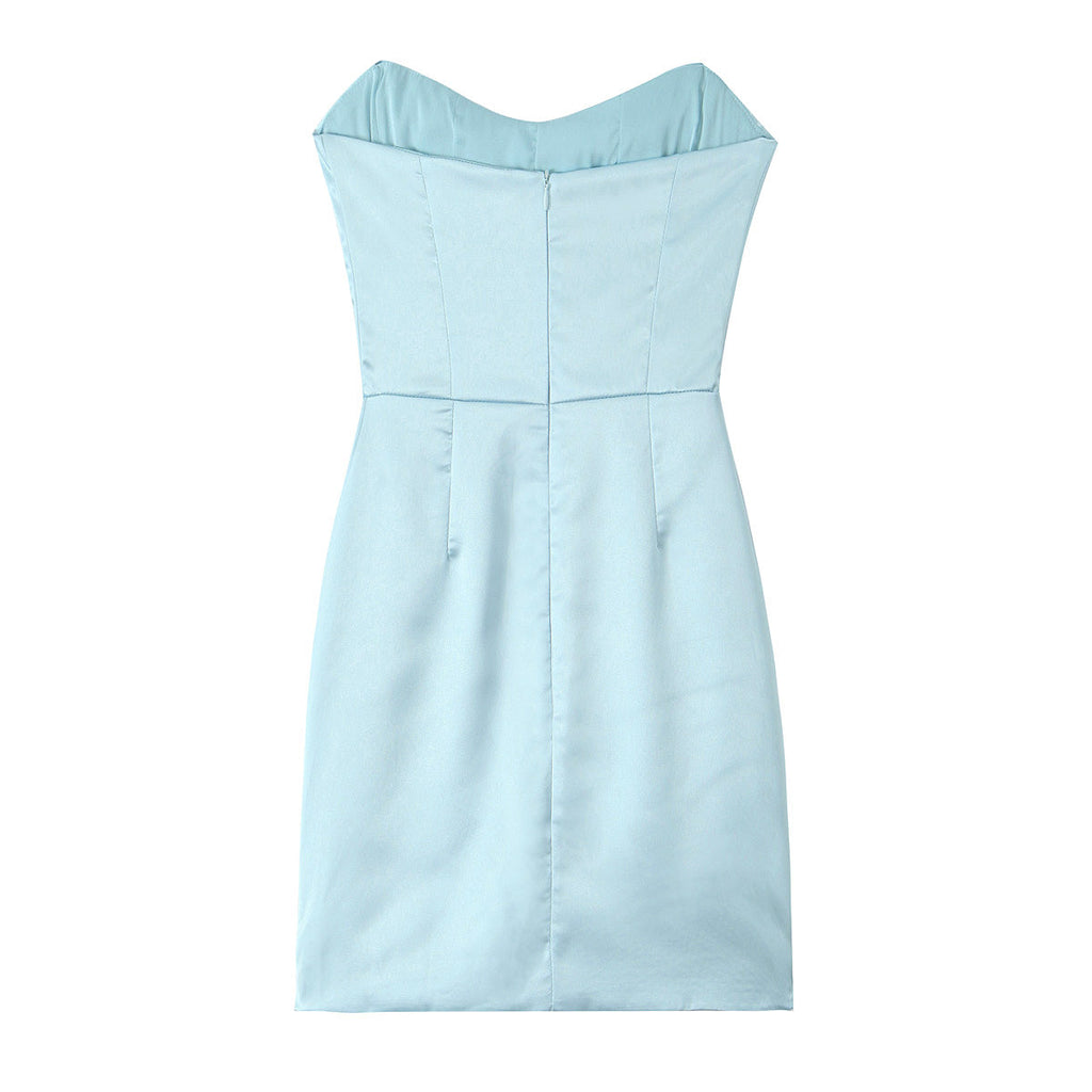 Fall French Vintage Crumpled Slim Silk Satin Texture Tube Top Dress Short Evening Dress