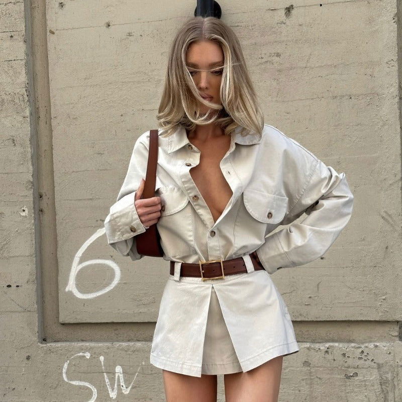 Fall Personality Street Button Faux Pocket Long Sleeve Shirt Dress
